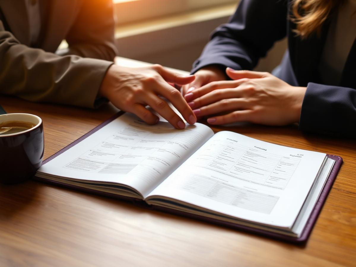 A case manager and client reviewing a service plan notebook together at a desk
