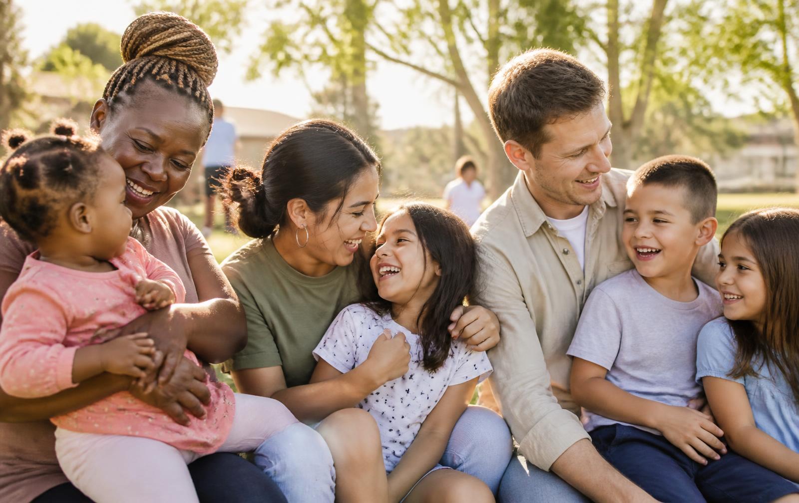 Diverse families with young children smiling together outdoors in a Kansas City park