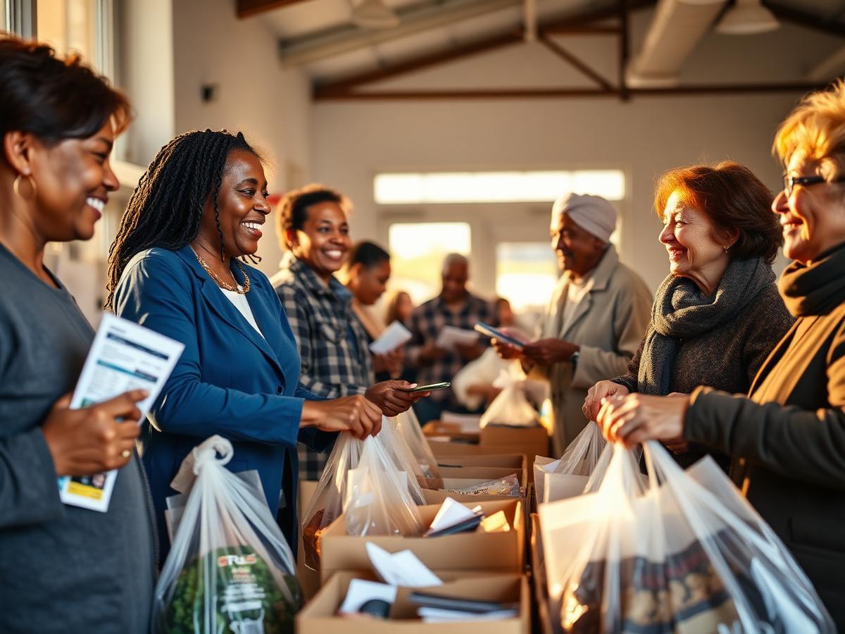 Volunteers handing groceries and information to diverse community members at a resource center