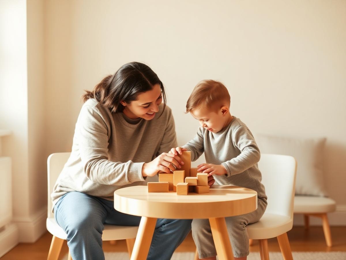 A parent and young child playing with wooden blocks in a calm visitation room